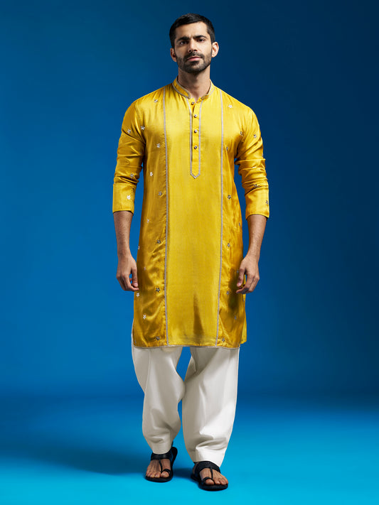 Men's Mustard Tissue  Straight Kurta And Patiala Set
