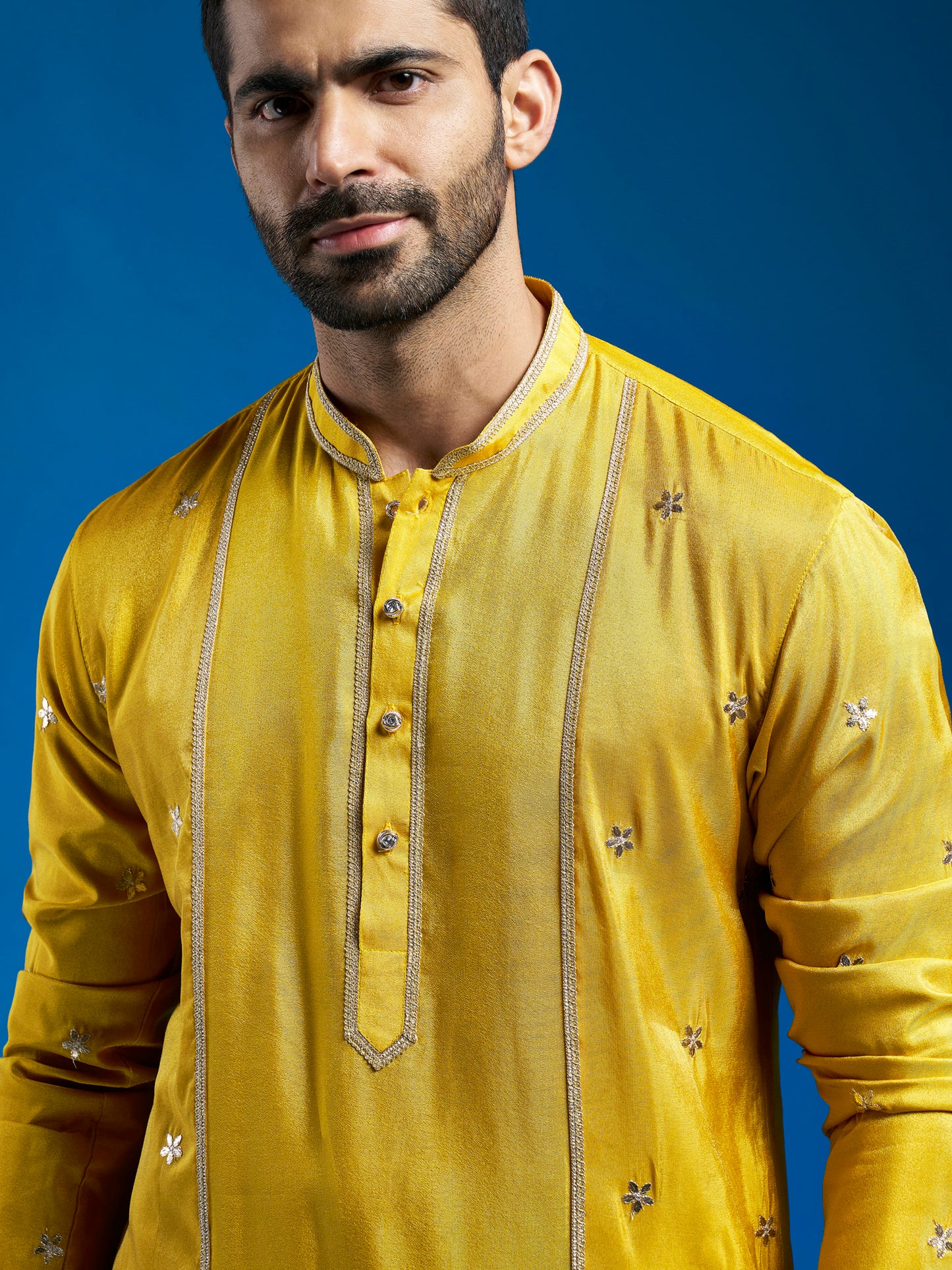 Men's Mustard Tissue  Straight Kurta And Patiala Set