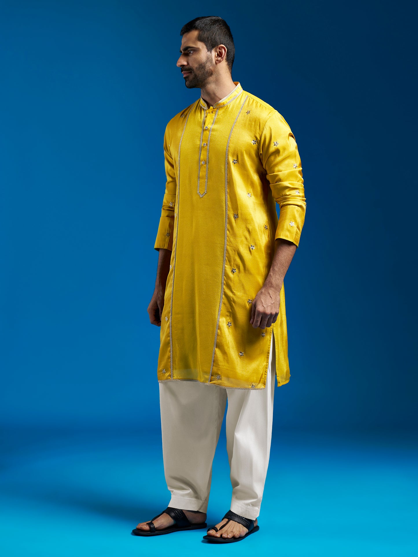 Men's Mustard Tissue  Straight Kurta And Patiala Set