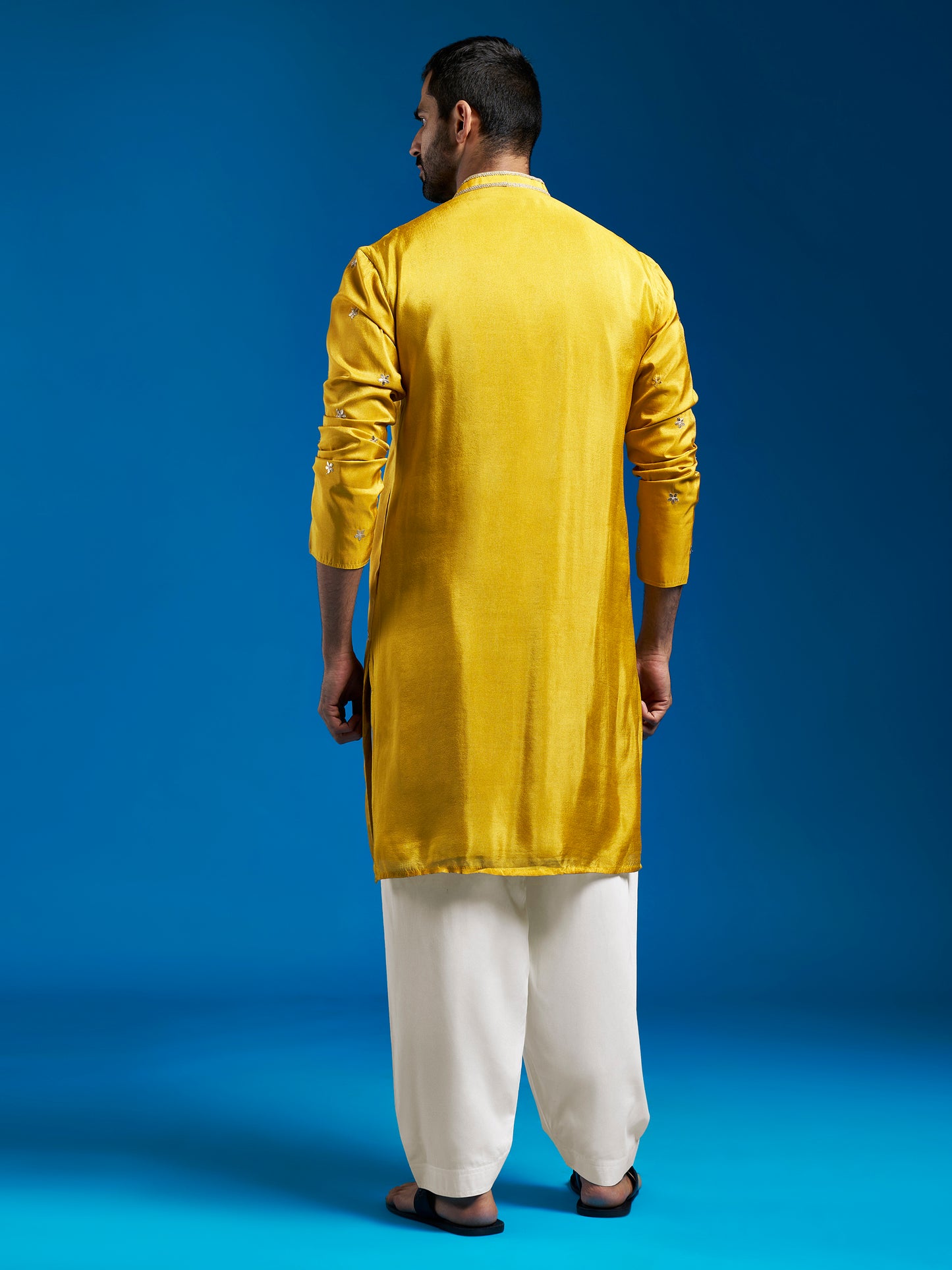 Men's Mustard Tissue  Straight Kurta And Patiala Set