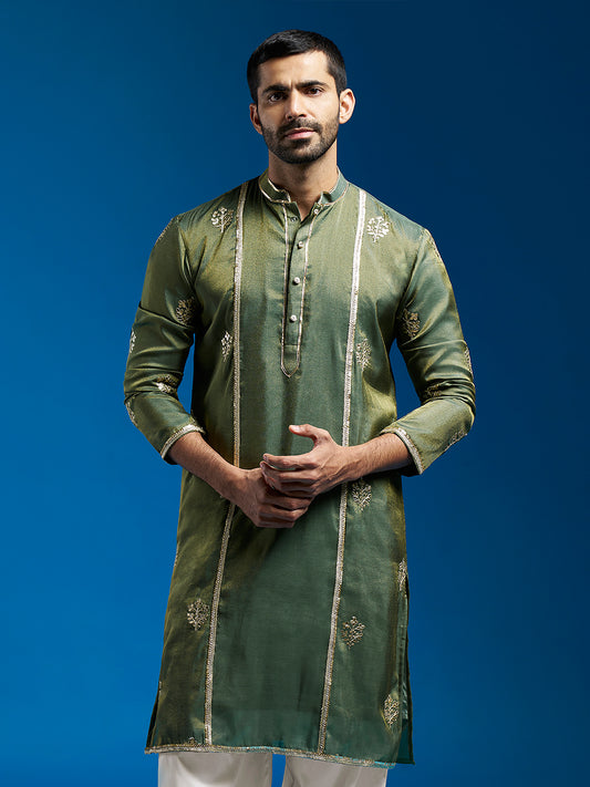 Men's Green Tissue  Straight Kurta