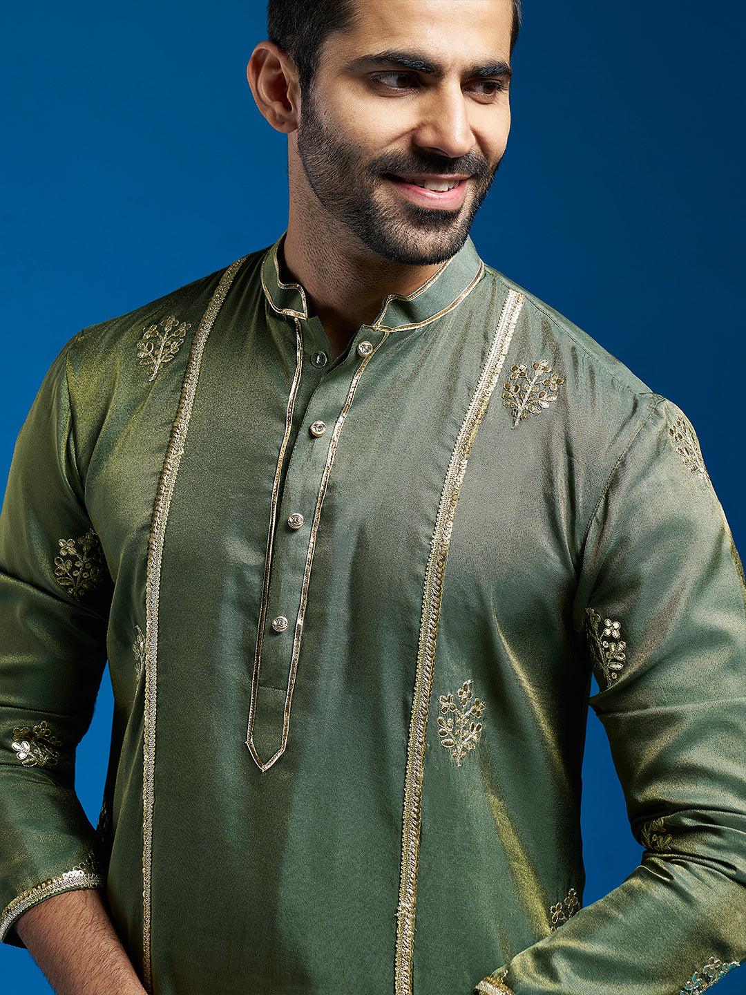 Men's Green Tissue  Straight Kurta