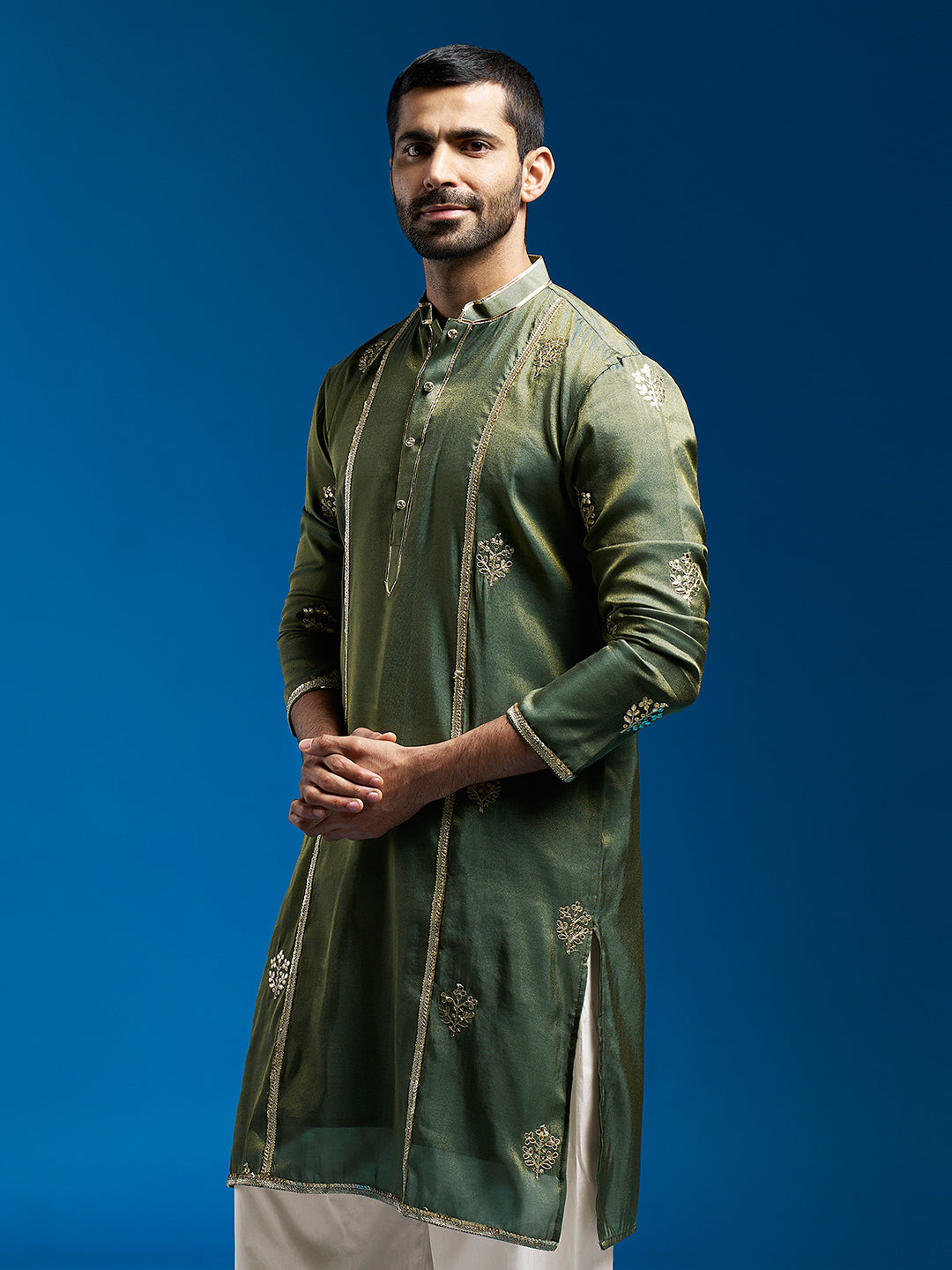 Men's Green Tissue  Straight Kurta