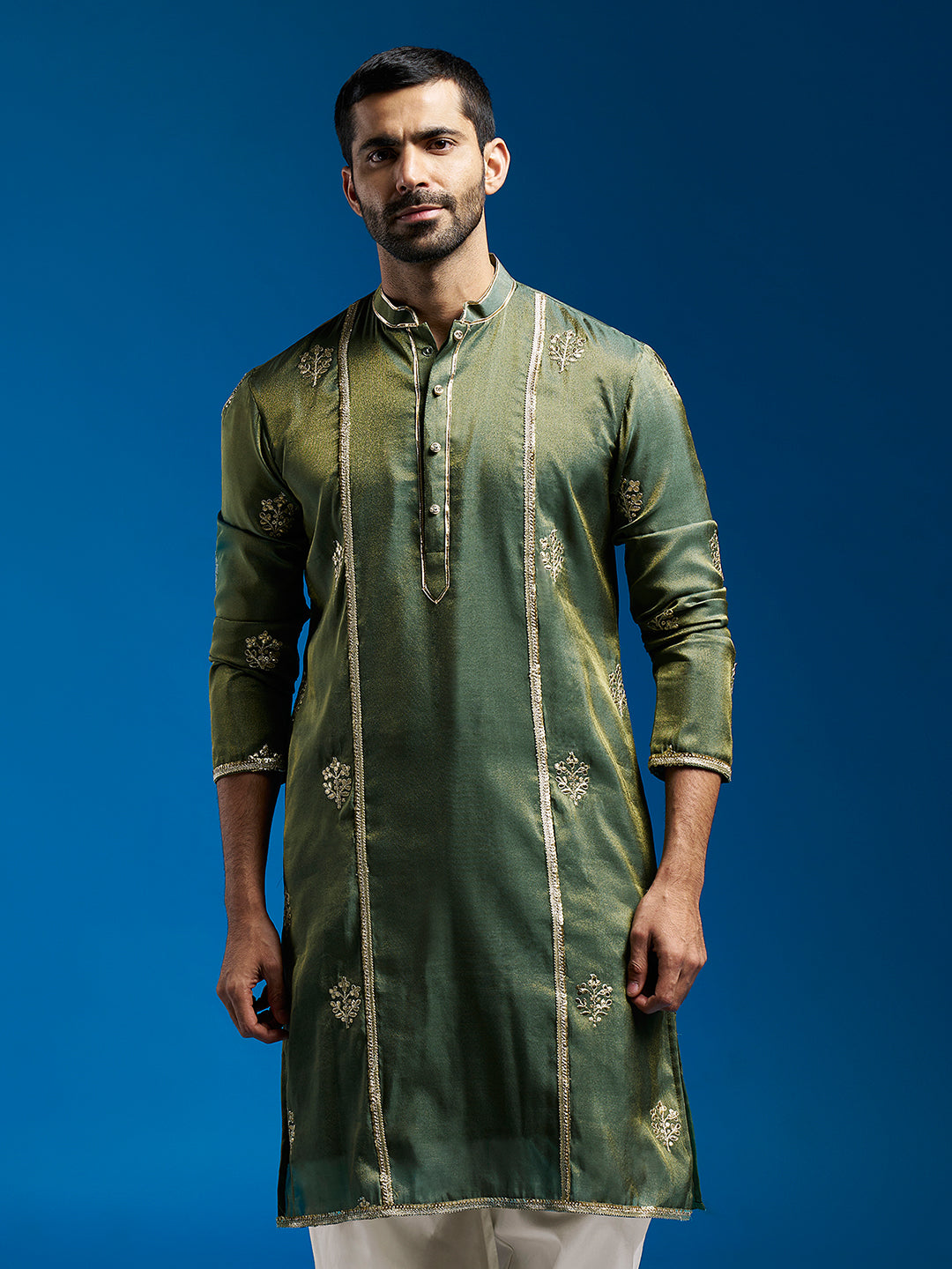 Men's Green Tissue  Straight Kurta