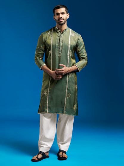 Men's Green Tissue  Straight Kurta And Patiala Set