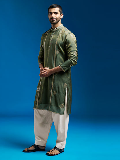 Men's Green Tissue  Straight Kurta And Patiala Set