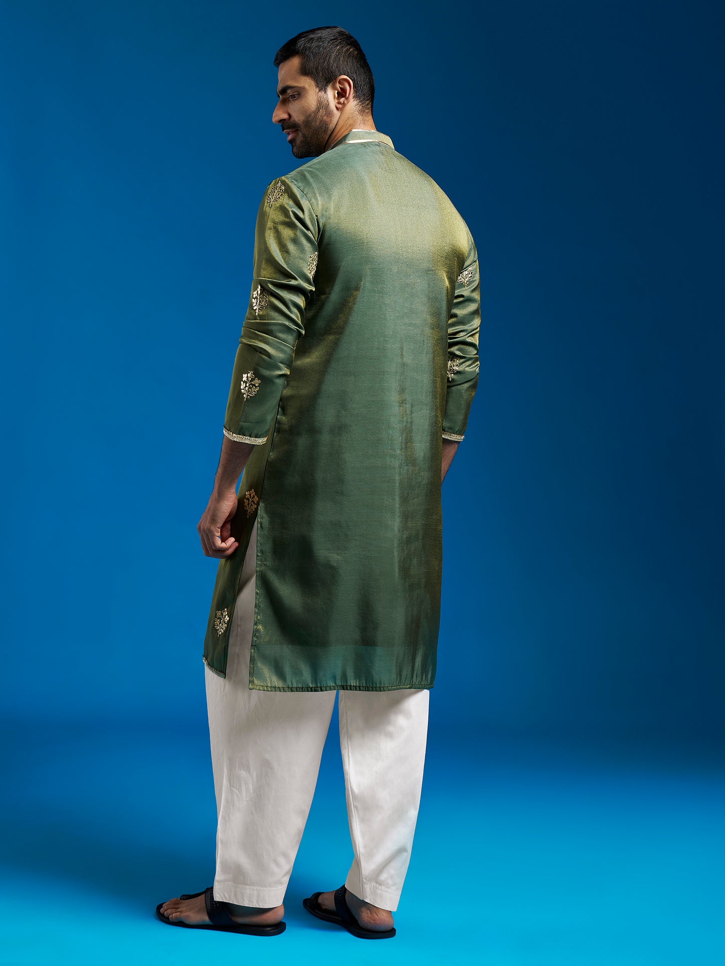 Men's Green Tissue  Straight Kurta And Patiala Set