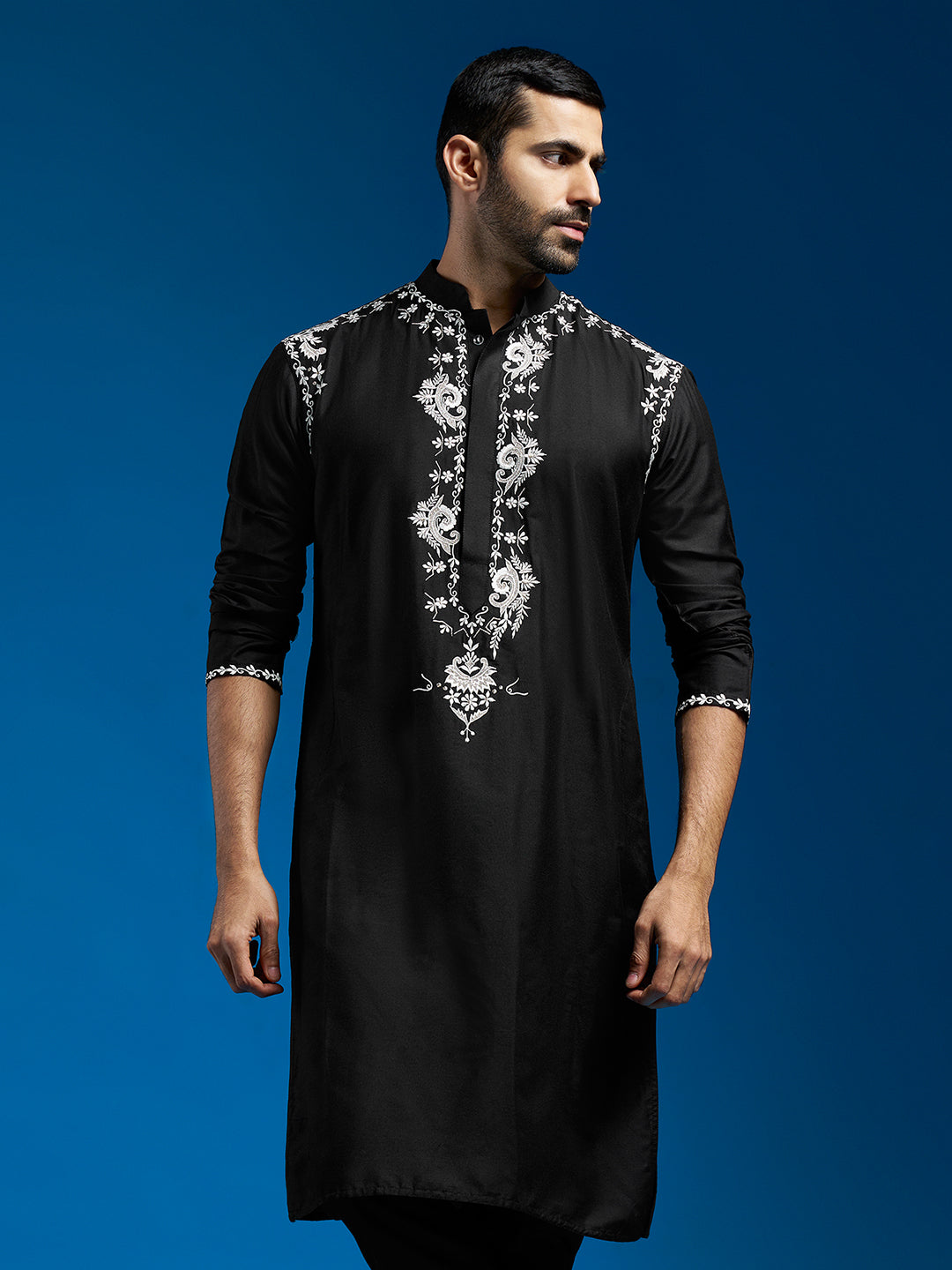 Men's Black Viscose Straight Kurta
