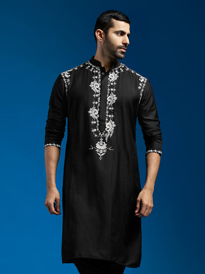 Men's Black Viscose Straight Kurta