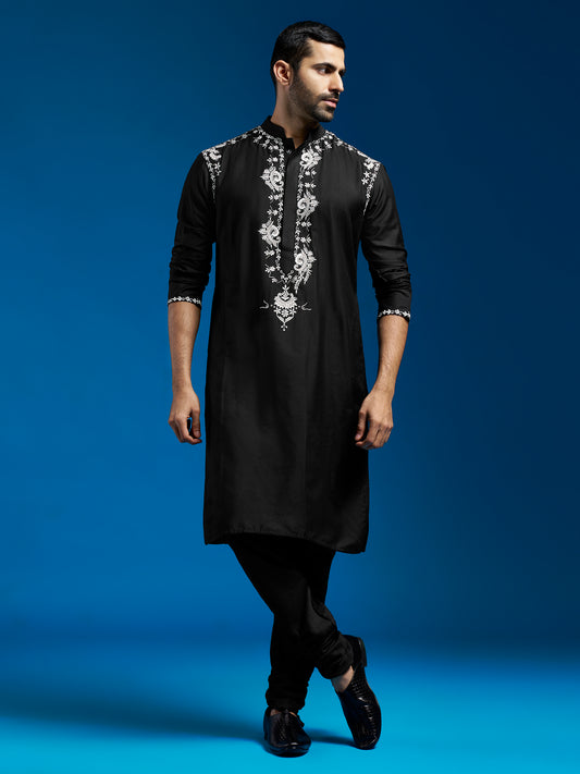 Men's Black Viscose Straight Kurta And Pyjama Set