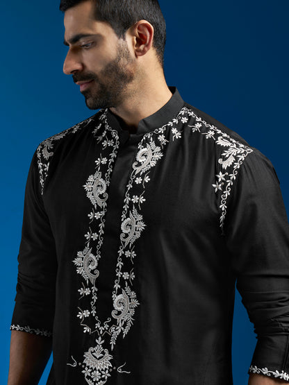 Men's Black Viscose Straight Kurta And Pyjama Set