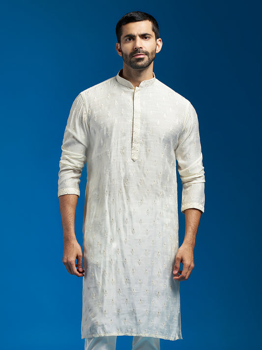 Men's Cream Silk Blend Straight Kurta