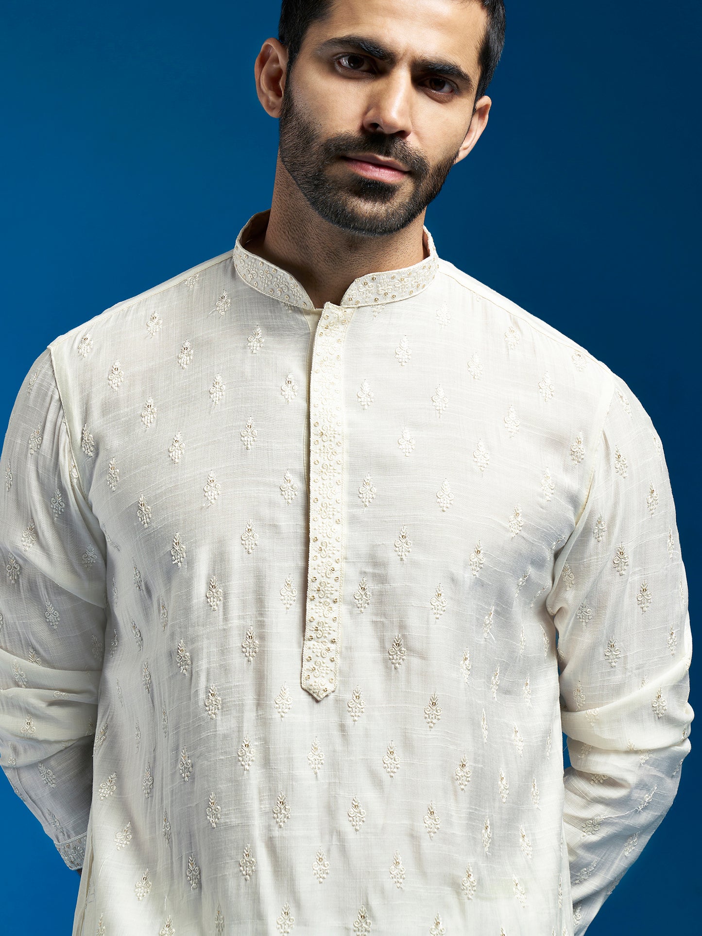 Men's Cream Silk Blend Straight Kurta