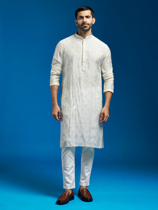 Men's Cream Silk Blend Straight Kurta And Pyjama Set