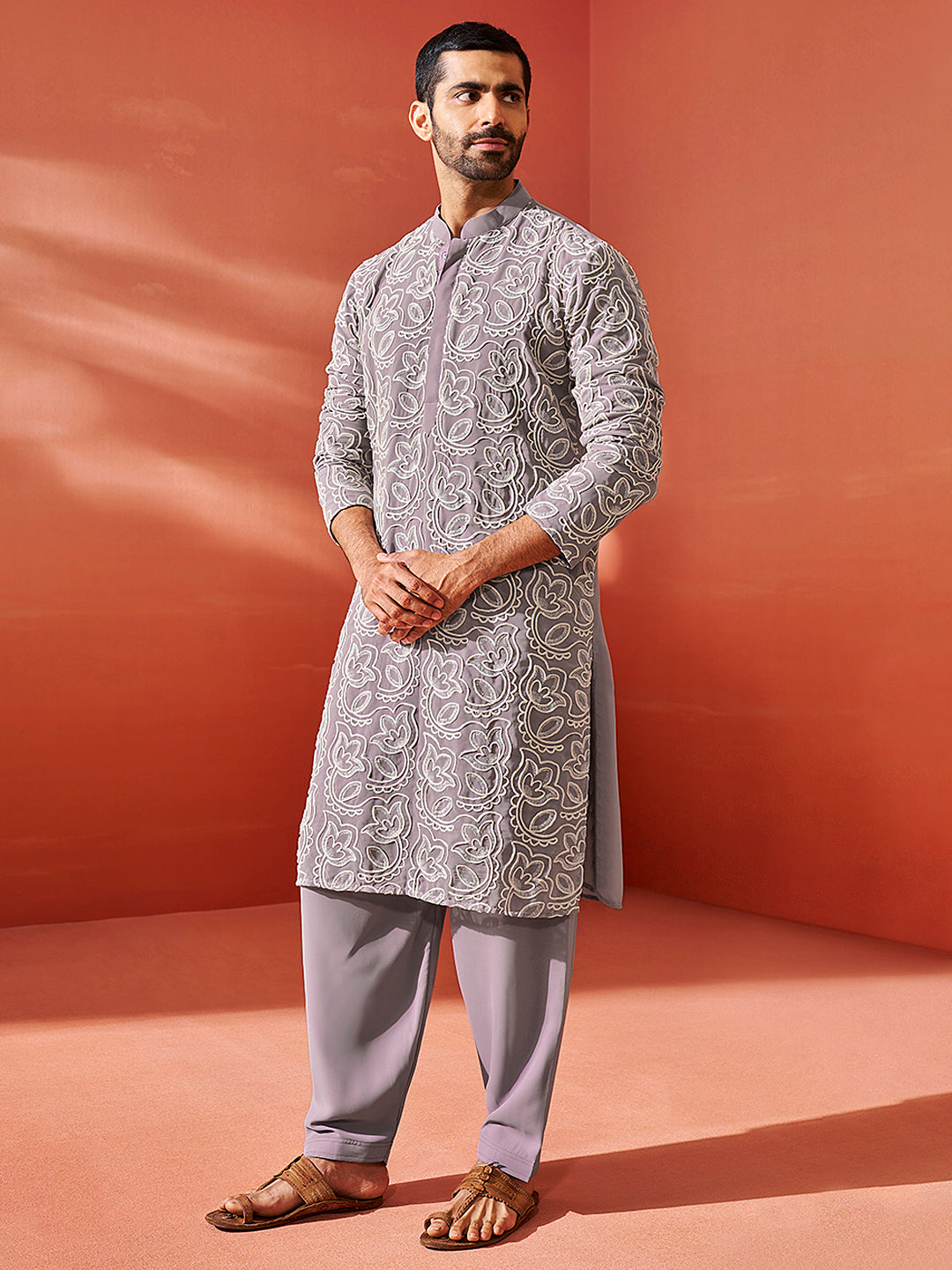 Men's Levender Georgette Straight Kurta And Patiala Set