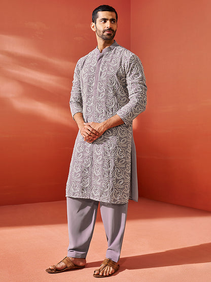 Men's Levender Georgette Straight Kurta And Patiala Set