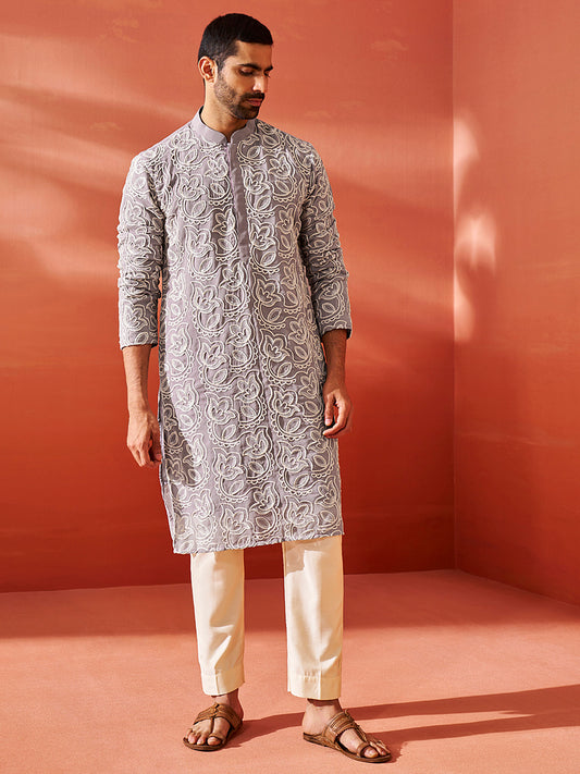 Men's Levender Georgette Straight Kurta And Pyjama Set