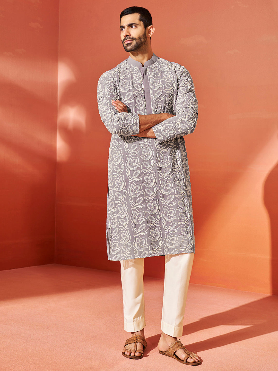 Men's Levender Georgette Straight Kurta And Pyjama Set