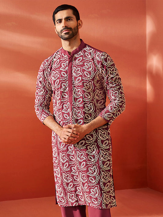 Men's Maroon Georgette Straight Kurta