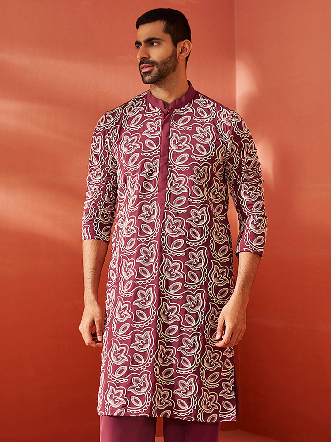 Men's Maroon Georgette Straight Kurta