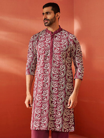 Men's Maroon Georgette Straight Kurta