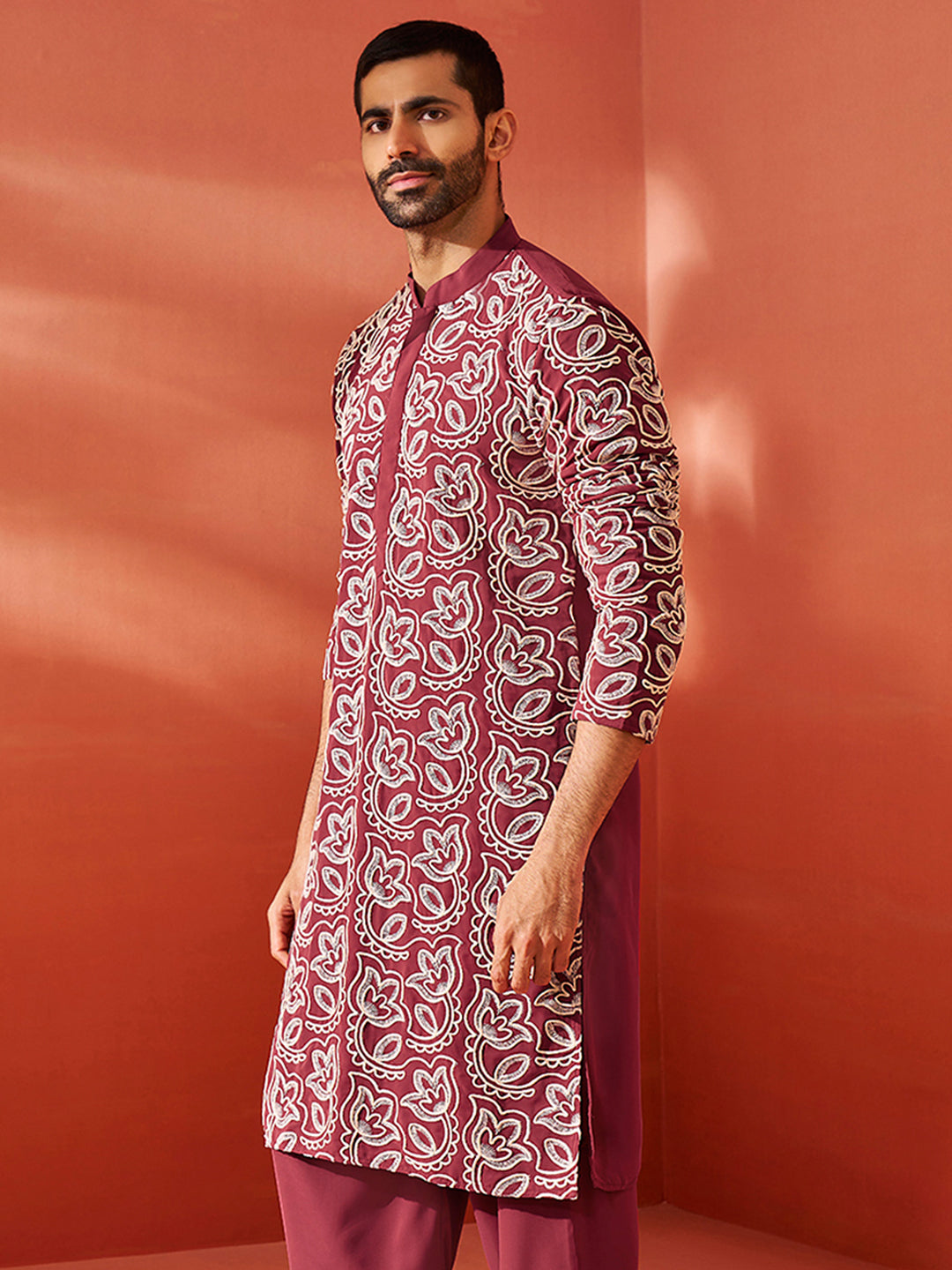 Men's Maroon Georgette Straight Kurta