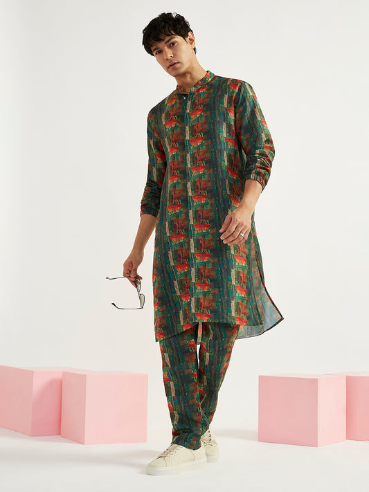 Men's Green Crepe Straight Kurta And Pyjama Set