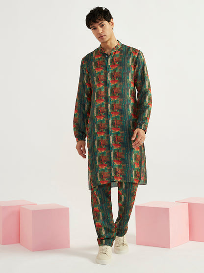 Men's Green Crepe Straight Kurta And Pyjama Set