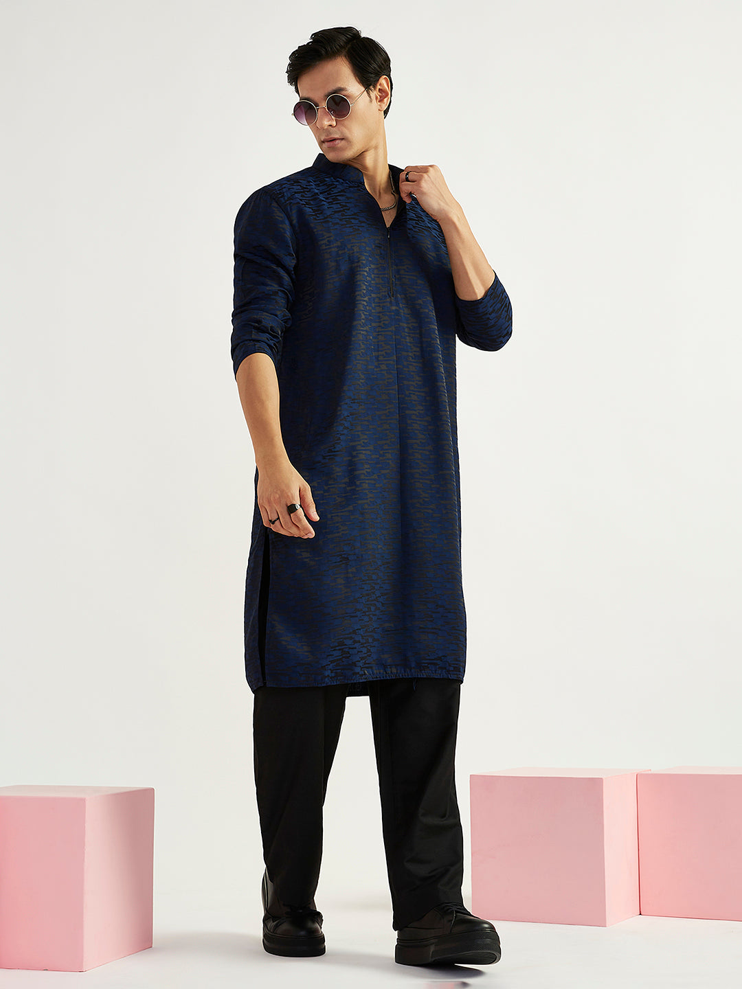 Men's Navy Blue Imported Suiting Lycra Straight Kurta And Pyjama Set