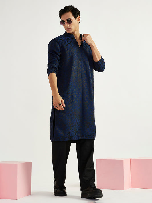 Men's Navy Blue Imported Suiting Lycra Straight Kurta And Pyjama Set