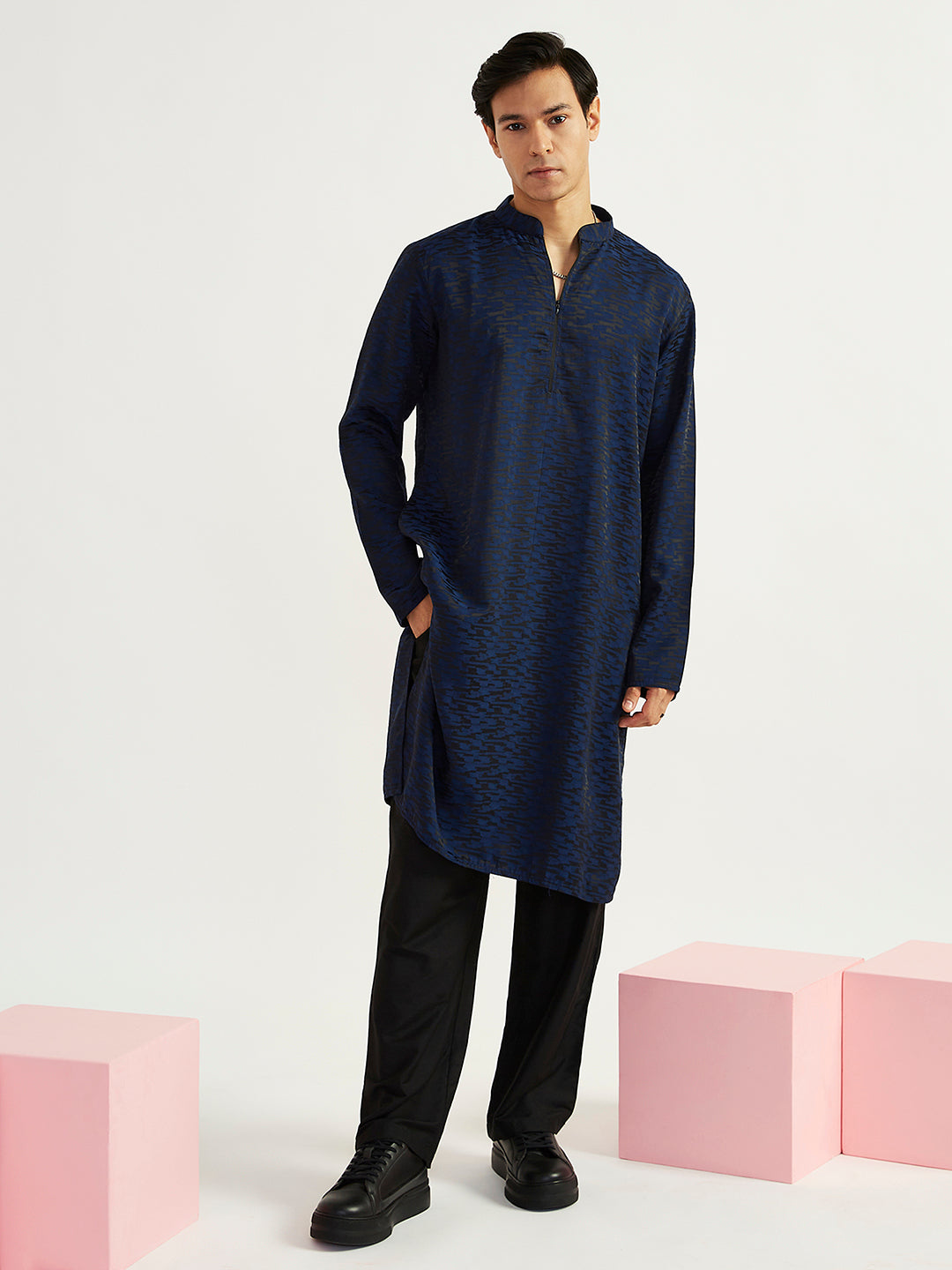Men's Navy Blue Imported Suiting Lycra Straight Kurta And Pyjama Set