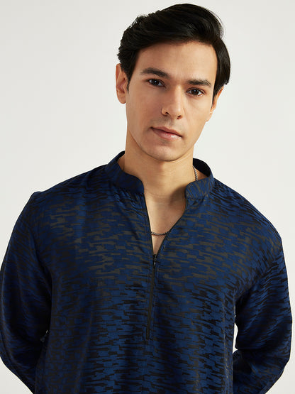 Men's Navy Blue Imported Suiting Lycra Straight Kurta And Pyjama Set