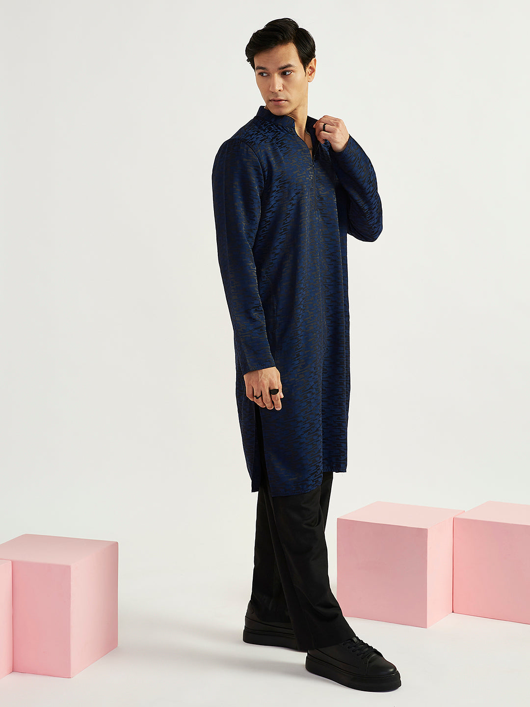 Men's Navy Blue Imported Suiting Lycra Straight Kurta And Pyjama Set