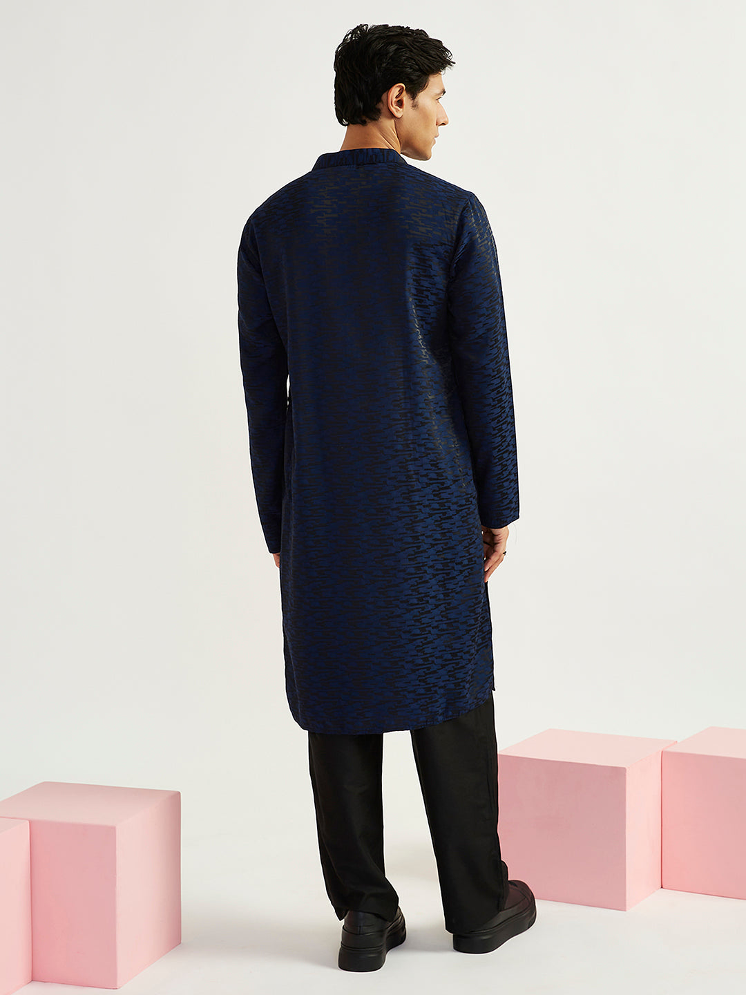 Men's Navy Blue Imported Suiting Lycra Straight Kurta And Pyjama Set