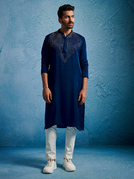 Men's Turquoise Silk Blend Straight Kurta