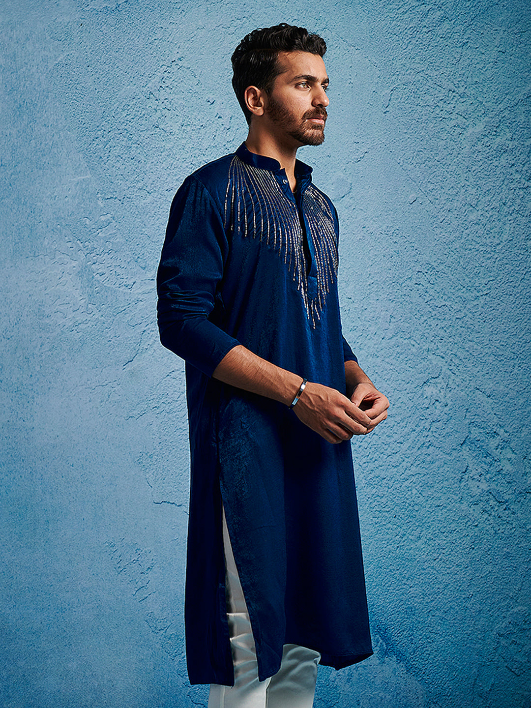 Men's Turquoise Silk Blend Straight Kurta