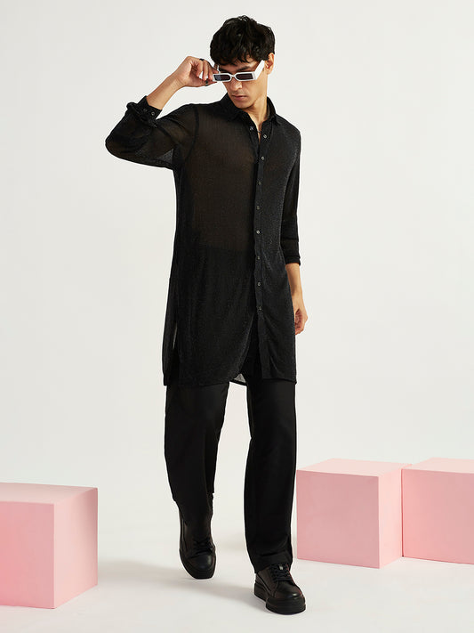 Men's Black Lycra Straight Kurta And Pyjama Set