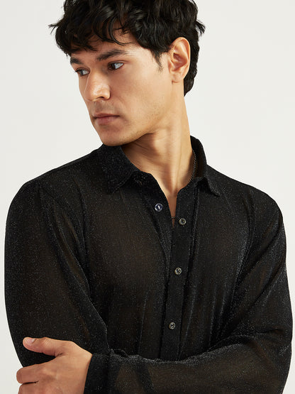 Men's Black Lycra Straight Kurta And Pyjama Set