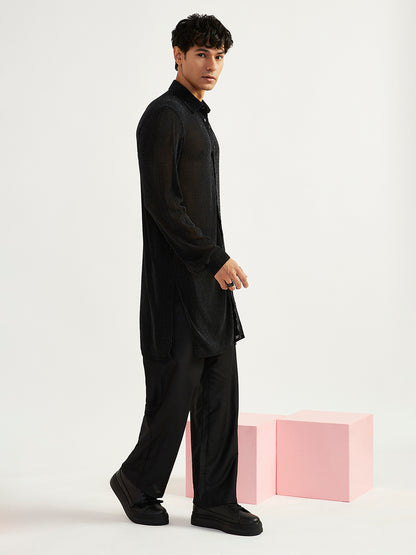 Men's Black Lycra Straight Kurta And Pyjama Set