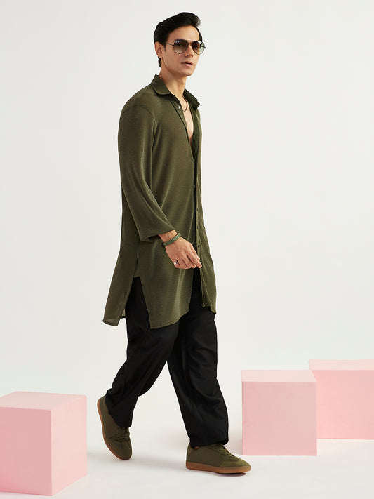 Men's Mehendi Green Lycra Straight Kurta And Pyjama Set