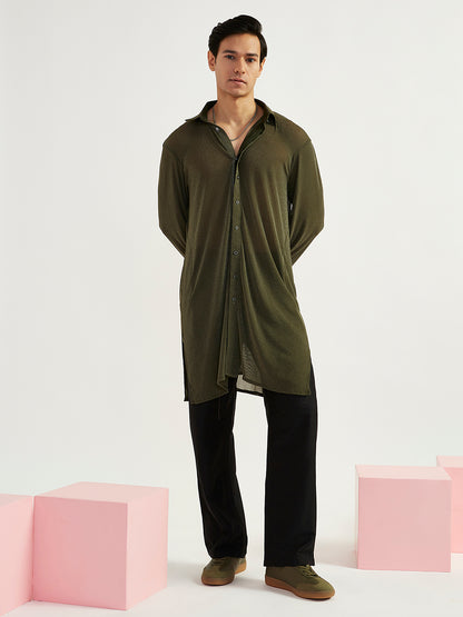 Men's Mehendi Green Lycra Straight Kurta And Pyjama Set
