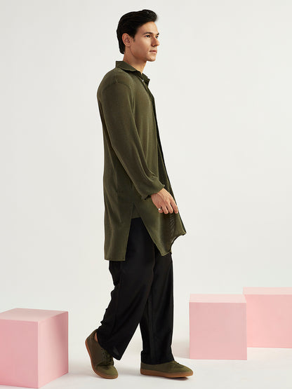 Men's Mehendi Green Lycra Straight Kurta And Pyjama Set