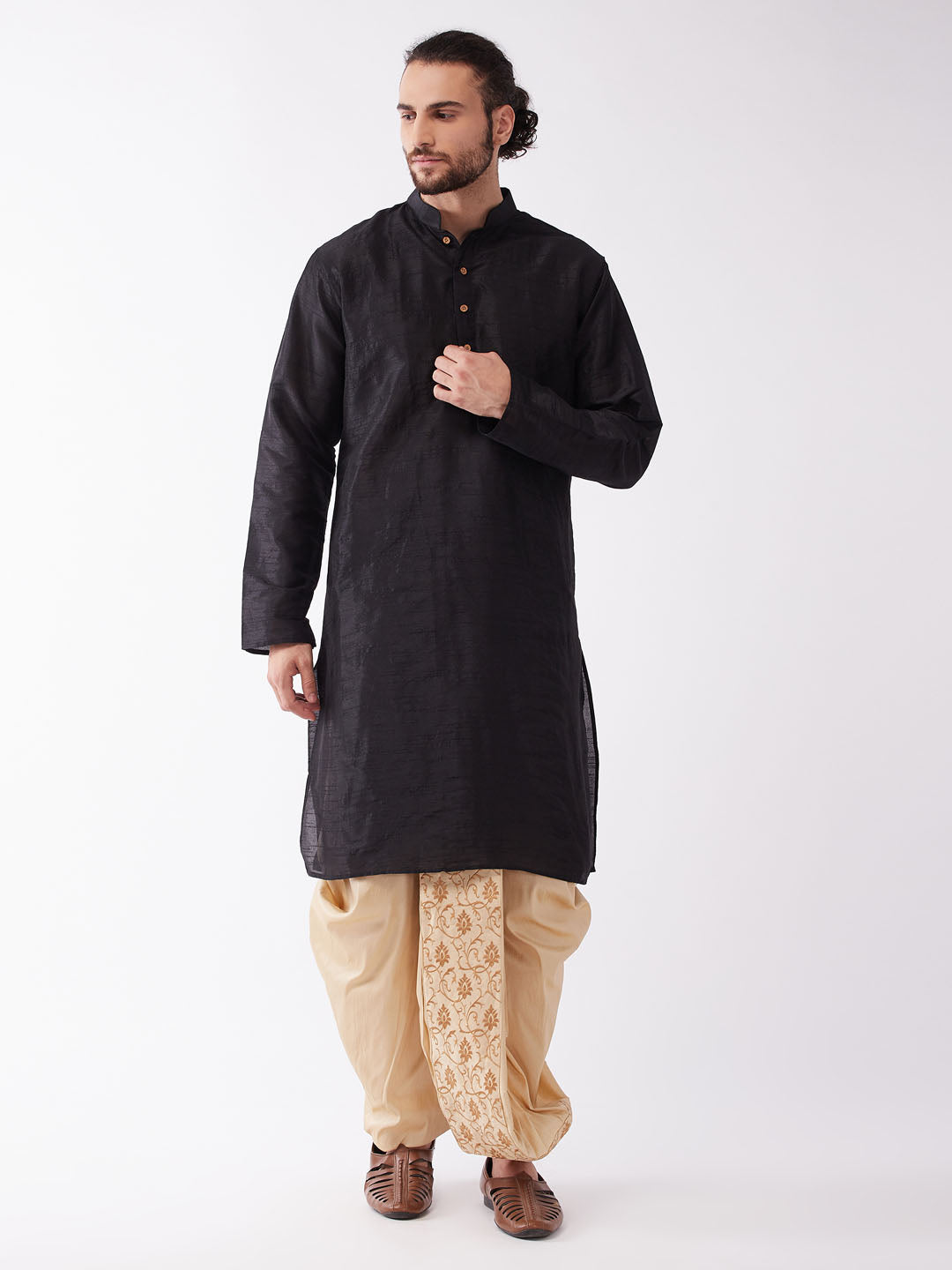 Men's Black Silk Blend Straight Kurta and Dhoti Set