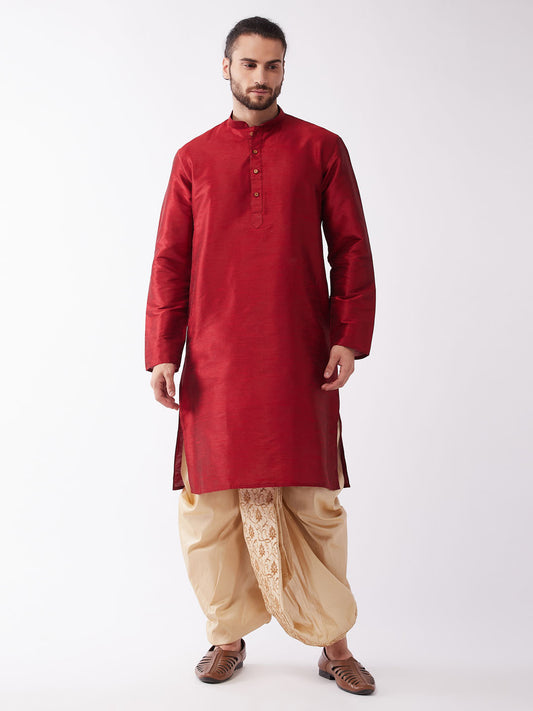 Men's Maroon Silk Blend Straight Kurta and Dhoti Set