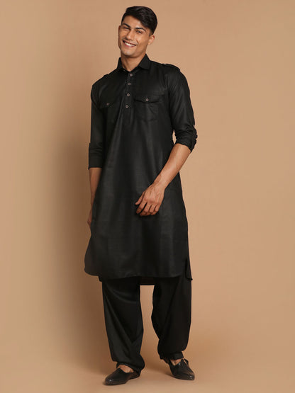 Men's Black Cotton Blend Pathani Pathani Kurta Set