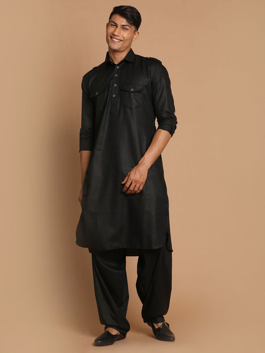 Men's Black Cotton Blend Pathani Pathani Kurta Set