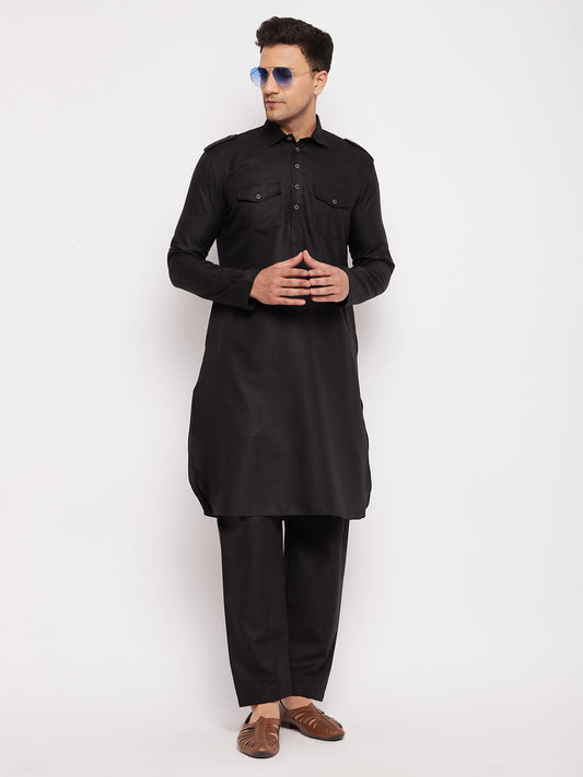 Men's Black Cotton Blend Straight Kurta Pyjama Set