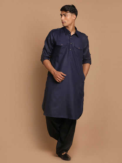 Men's Blue Cotton Blend Pathani Pathani Kurta Set