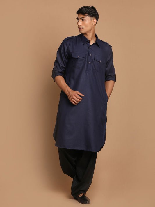 Men's Blue Cotton Blend Pathani Pathani Kurta Set