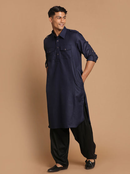 Men's Blue Cotton Blend Pathani Pathani Kurta Set